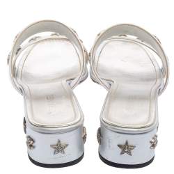 Chanel Silver Leather Embellished Slide Sandals Size 41