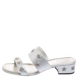 Chanel Silver Leather Embellished Slide Sandals Size 41