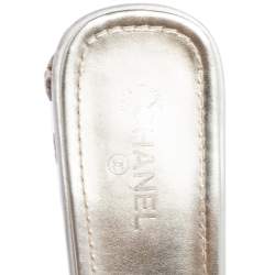 Chanel Silver Leather Embellished Slide Sandals Size 41