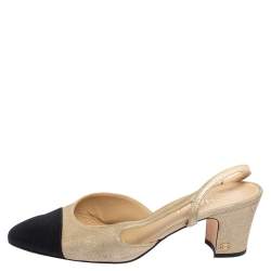 مملوكة مسبقًا صندل شانيل سي سي كانفاس وجلد أسود/ذهبي ميتاليك بحزام خلفي للكاحل مقاس 41.5