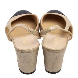 مملوكة مسبقًا صندل شانيل سي سي كانفاس وجلد أسود/ذهبي ميتاليك بحزام خلفي للكاحل مقاس 41.5