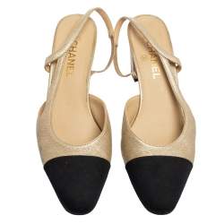 مملوكة مسبقًا صندل شانيل سي سي كانفاس وجلد أسود/ذهبي ميتاليك بحزام خلفي للكاحل مقاس 41.5