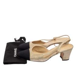 مملوكة مسبقًا صندل شانيل سي سي كانفاس وجلد أسود/ذهبي ميتاليك بحزام خلفي للكاحل مقاس 41.5