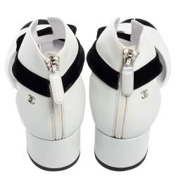 Chanel White/Black Leather and Velvet Cap-Toe Bow Cut-Out Ankle Boots Size 41