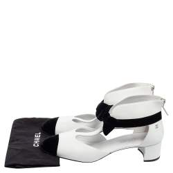 Chanel White/Black Leather and Velvet Cap-Toe Bow Cut-Out Ankle Boots Size 41