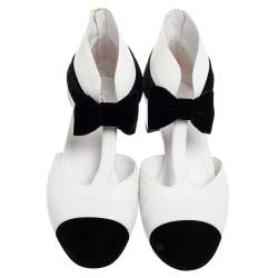 Chanel White/Black Leather and Velvet Cap-Toe Bow Cut-Out Ankle Boots Size 41