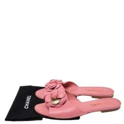 Chanel Pink Leather Camellia  Flat Sandals Size 41
