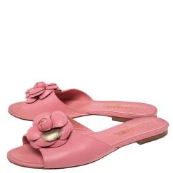 Chanel Pink Leather Camellia  Flat Sandals Size 41