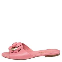 Chanel Pink Leather Camellia  Flat Sandals Size 41