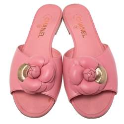 Chanel Pink Leather Camellia  Flat Sandals Size 41