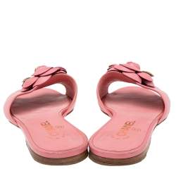 Chanel Pink Leather Camellia  Flat Sandals Size 41
