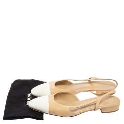 مملوكة مسبقًا Chanel Beige/White Patent And Leather Cap Toe Slingback Sandals Size 41