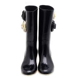 Chanel Black Rubber Camellia Embellished CC Rain Boots Size 39