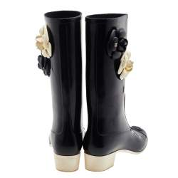 Chanel Black Rubber Camellia Embellished CC Rain Boots Size 39