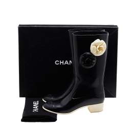 Chanel Black Rubber Camellia Embellished CC Rain Boots Size 39