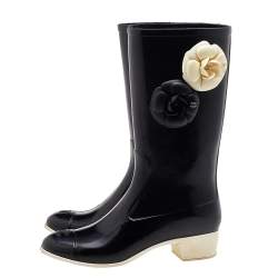 Chanel Black Rubber Camellia Embellished CC Rain Boots Size 39