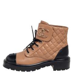 Pre Owned Chanel Brown/Black Quilted Leather CC Cap Toe Chain Link Logo Combat Boots Size 39.5