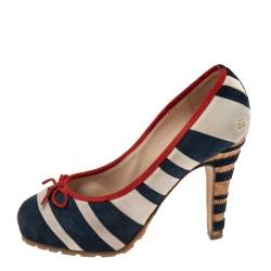 Pre Owned Chanel Multicolor Suede CC Striped Cork Heel Pumps Size 38