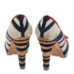 Pre Owned Chanel Multicolor Suede CC Striped Cork Heel Pumps Size 38