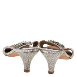 Pre Owned Chanel Silver Textured Leather CC Embellished Slide Sandals Size 37