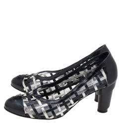 Pre Owned Chanel Black/Silver Woven Leather Block Heel Pumps Size 38.5