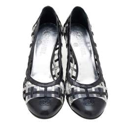 Pre Owned Chanel Black/Silver Woven Leather Block Heel Pumps Size 38.5