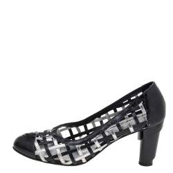 Pre Owned Chanel Black/Silver Woven Leather Block Heel Pumps Size 38.5