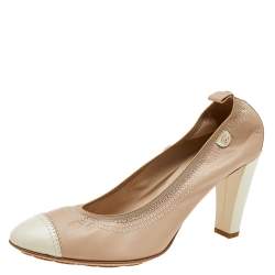 Pre Owned Chanel Beige/Cream Leather And Patent CC Cap Toe Scrunch Block Heel Pumps Size 40.5