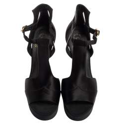 Chanel Black Satin Jade Platform Sandals Size 38