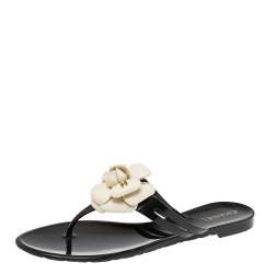 مملوكة مسبقًا Chanel Black Jelly Camellia Thong Flat Sandals Size 40