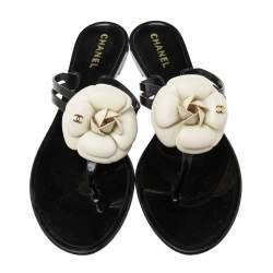 مملوكة مسبقًا Chanel Black Jelly Camellia Thong Flat Sandals Size 40