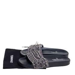 Pre Owned Chanel Black Tweed Tropiconic Chain Flat Slides Size 39