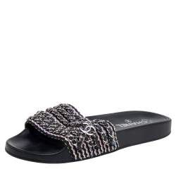 Chanel Black Tweed Tropiconic Chain Flat Slides Size 39 at 1stDibs