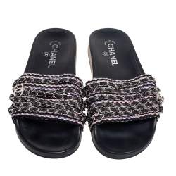 Pre Owned Chanel Black Tweed Tropiconic Chain Flat Slides Size 39