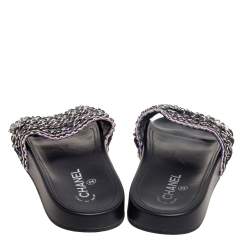 Pre Owned Chanel Black Tweed Tropiconic Chain Flat Slides Size 39