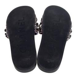 Pre Owned Chanel Black Tweed Tropiconic Chain Flat Slides Size 39