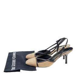 Pre Owned Chanel Beige/Black Suede and Patent Leather Round Toe Slingback Sandals Size 40.5