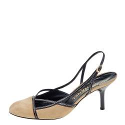 Pre Owned Chanel Beige/Black Suede and Patent Leather Round Toe Slingback Sandals Size 40.5