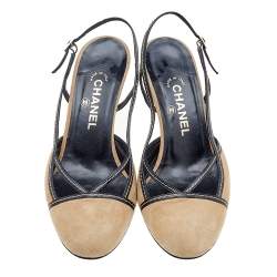 Pre Owned Chanel Beige/Black Suede and Patent Leather Round Toe Slingback Sandals Size 40.5