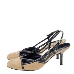 Pre Owned Chanel Beige/Black Suede and Patent Leather Round Toe Slingback Sandals Size 40.5