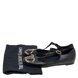 Pre Owned Chanel Black Leather CC Embellished T Strap Ballet Flats Size 35.5