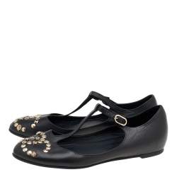 Pre Owned Chanel Black Leather CC Embellished T Strap Ballet Flats Size 35.5