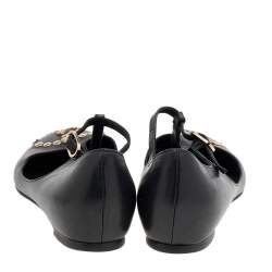Pre Owned Chanel Black Leather CC Embellished T Strap Ballet Flats Size 35.5