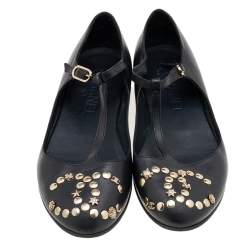 Pre Owned Chanel Black Leather CC Embellished T Strap Ballet Flats Size 35.5