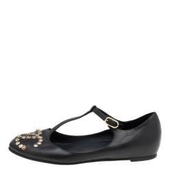 Chanel Black Leather CC Embellished T Strap Ballet Flats Size 35.5
