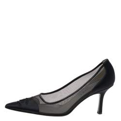 Chanel Pointy Toe Leather and Mesh Black Kitten Heel Pumps at