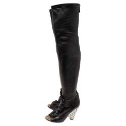 Chanel Black Leather Camellia Wedge Over The Knee Boots Size 38.5