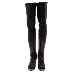 Chanel Black Leather Camellia Wedge Over The Knee Boots Size 38.5