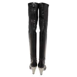 Chanel Black Leather Camellia Wedge Over The Knee Boots Size 38.5