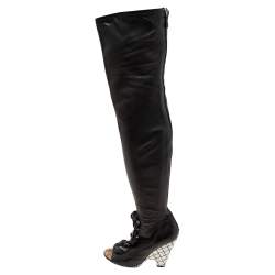 Chanel Black Leather Camellia Wedge Over The Knee Boots Size 38.5
